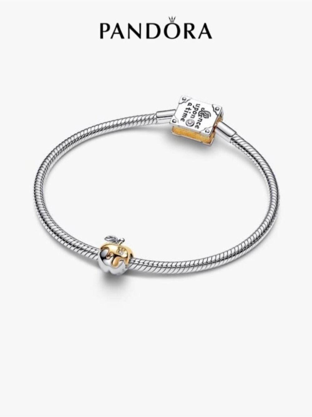 Pandora Two-Tone Silver and Gold Snake Chain Bracelet with Apple Charm